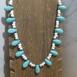 Turquoise Colored and White Faux Pearl Teardrop Necklace